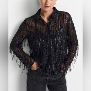 Moa Moa Women’s Black Glitter Sparkly Sequin Button Down Long Sleeve Blouse L